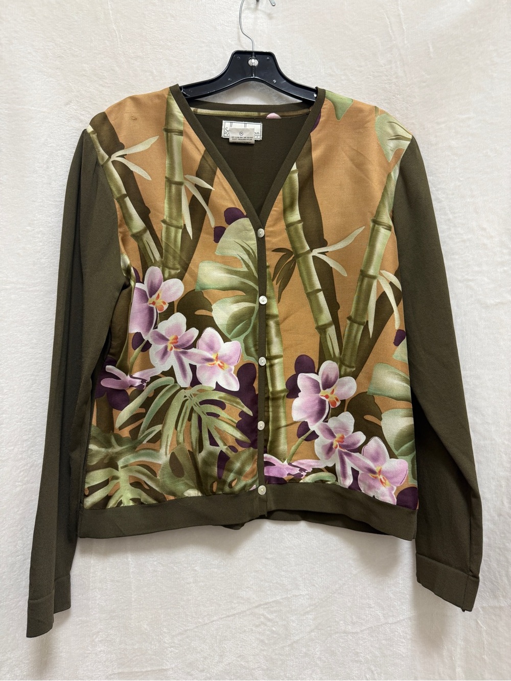 Vintage Silk Collection Floral Bamboo Print Button Up Sweater/ Cardigan